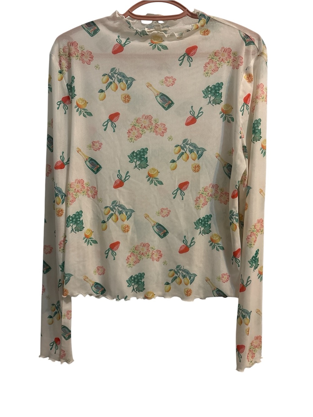 Main Strip Sheer White Top with Pastel Fruit & Floral Print Large